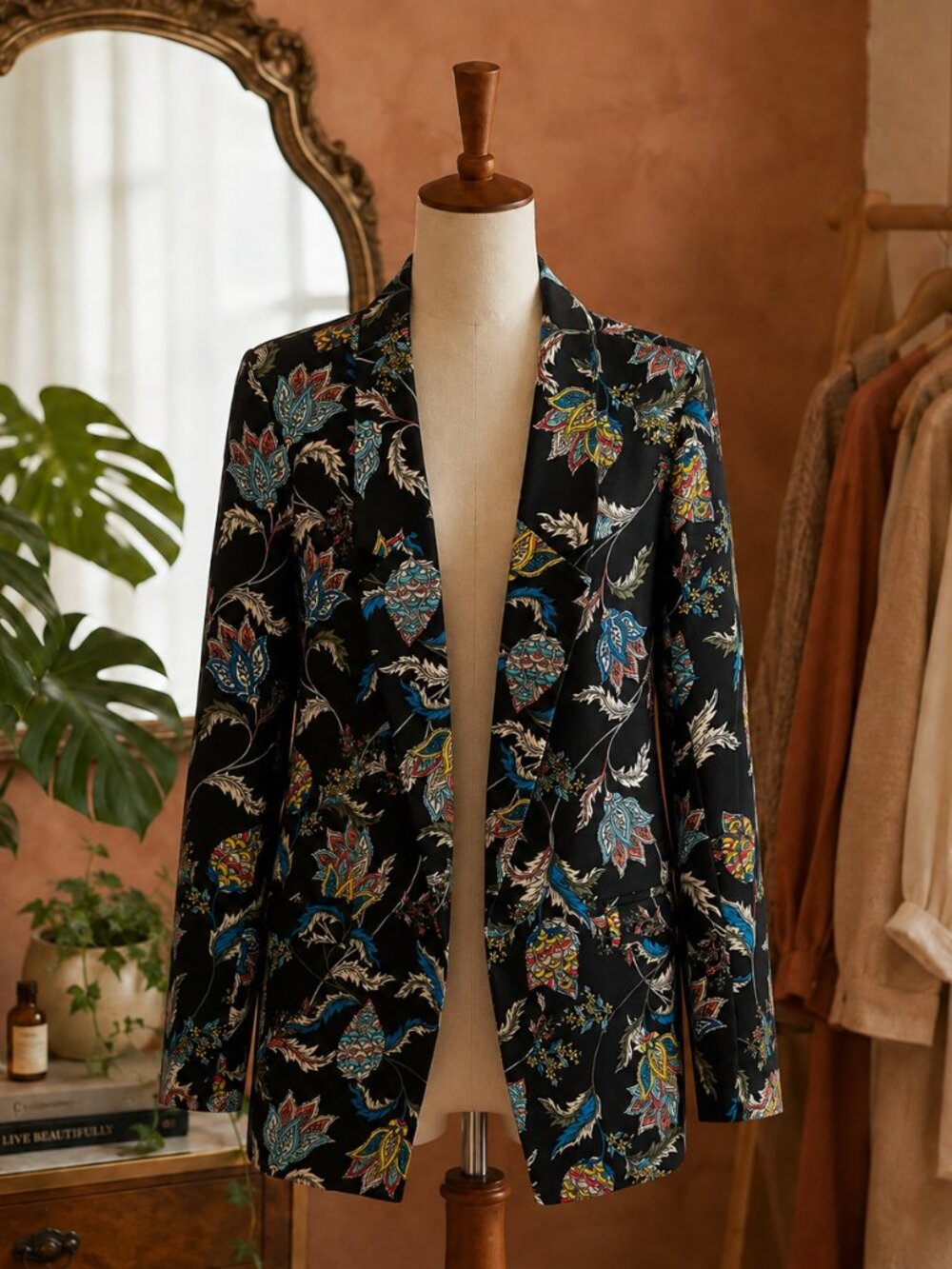 Floral Patterned Black Blazer Jacket